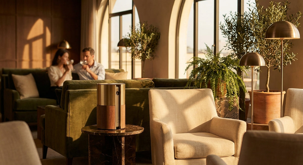 A sophisticated hotel lounge interior with warm lighting, marble surfaces, and a minimalist designer speaker elegantly integrated into the contemporary décor.