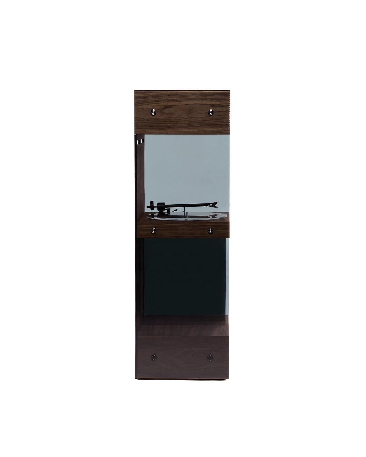 PR Alta de La Boite concept, vue de face du meuble audio en noyer et verre fumé.