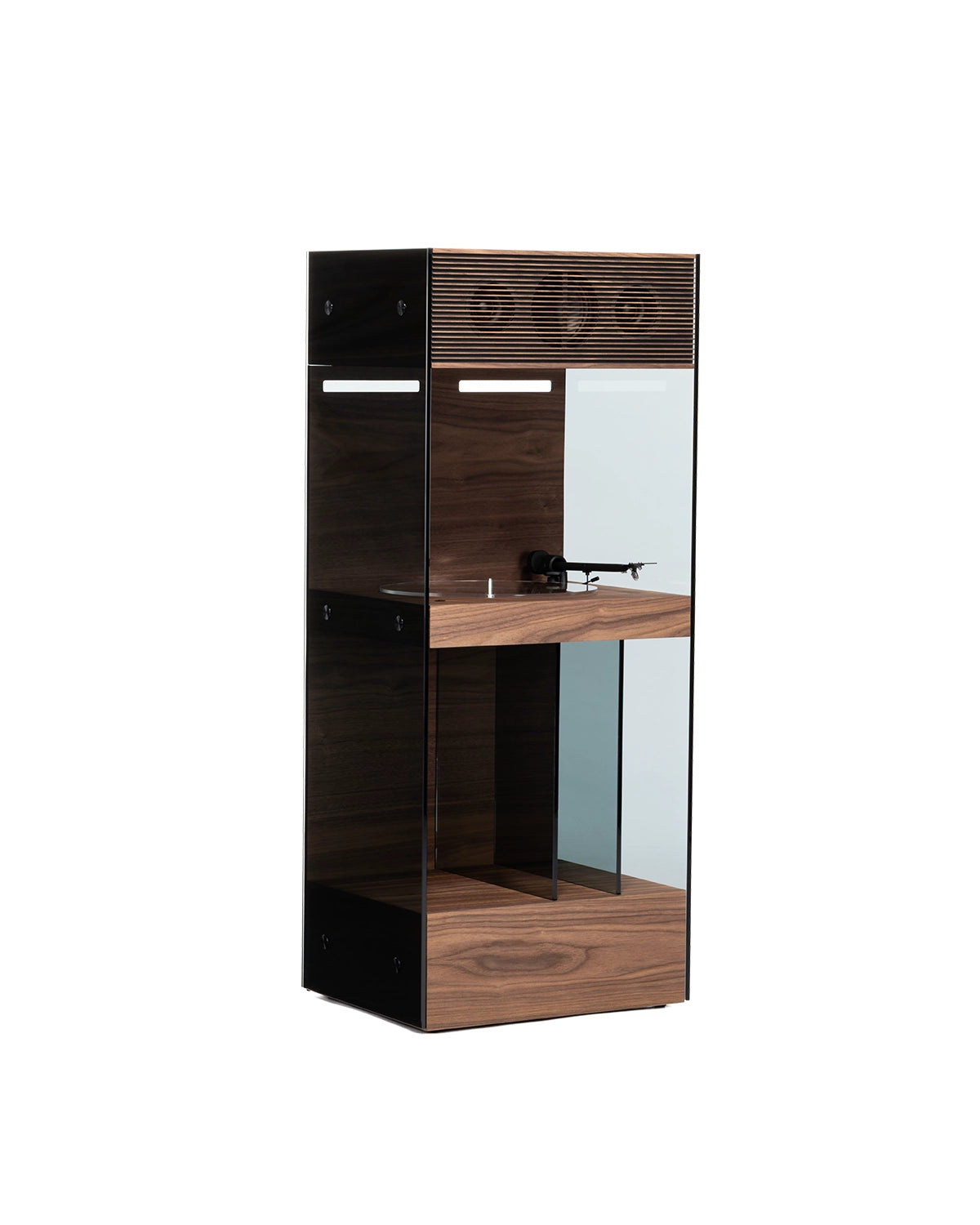 PR Alta en vue de trois quarts, avec enceinte haute-fidélité, platine vinyle intégrée et espace de rangement inférieur.